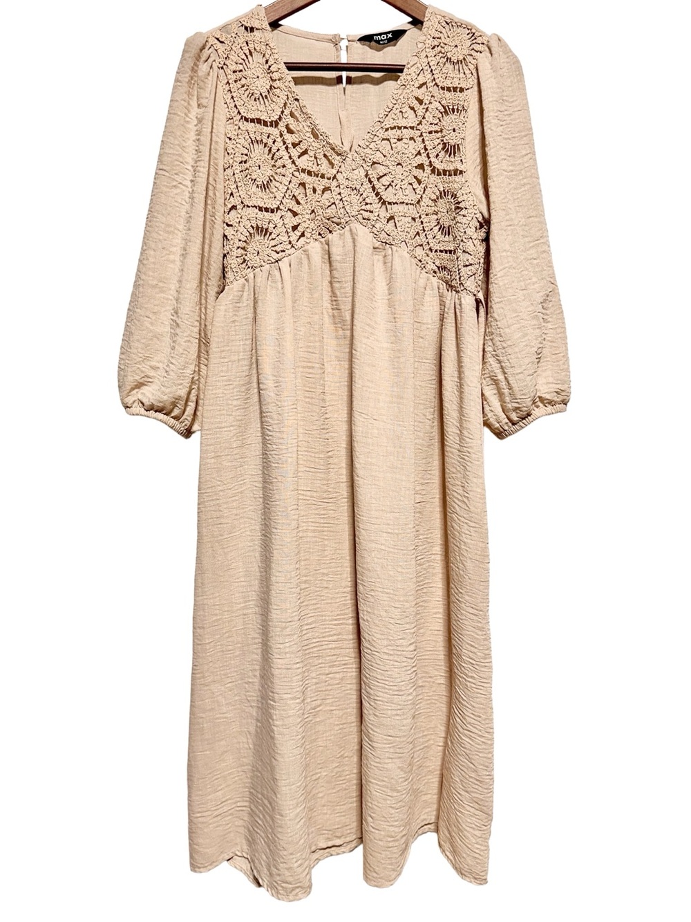 MAX Beige Crochet Lace Boho Midi Dress - Picture 1 of 7